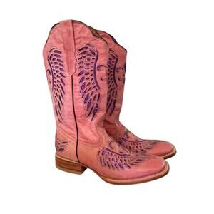 Womens 9.5 Western Wear Boots Pink Leather Purple Sequins Inlay Wings Square Toe